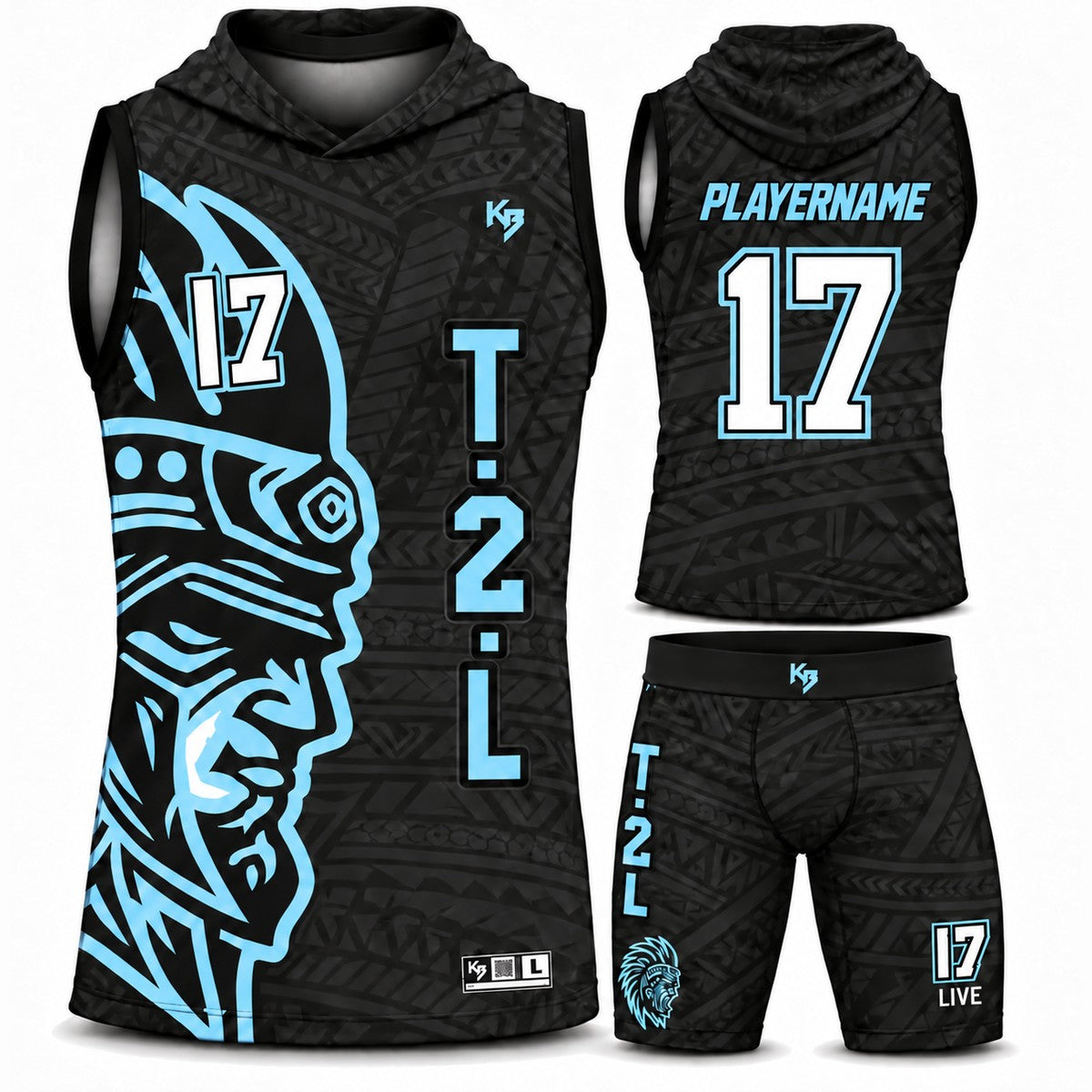 Custom Flag Football Uniforms | Black & Ice Blue T2L Warriors
