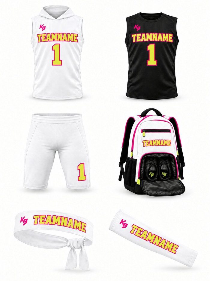 Elite Package: Home & away jersey, 1 pair of shorts, Comp arm sleeve, Tie back headband, Backpack