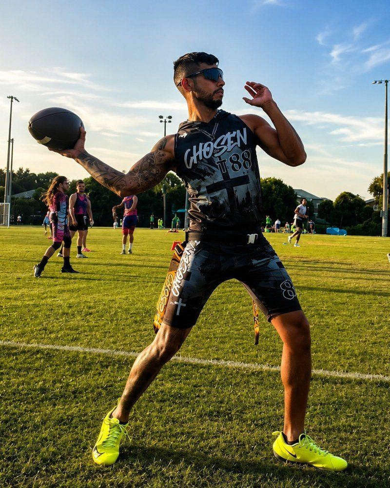 Team wearing a custom KitBeast flag football jersey on the field