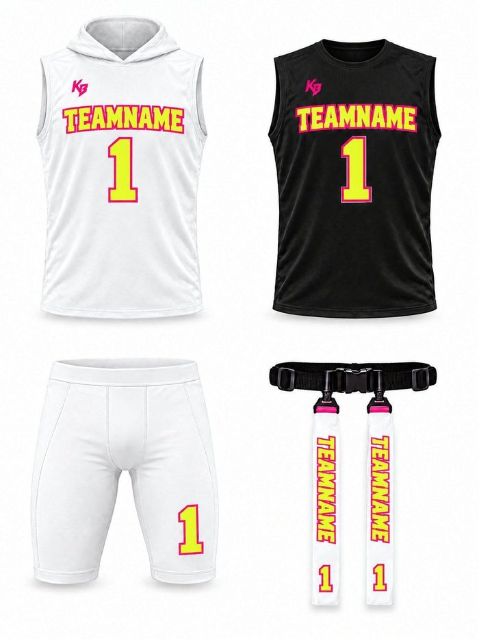 Flag Bundle: Home jersey, Away jersey, 1 pair of shorts, Flag belt system with 2 custom vinyl flags